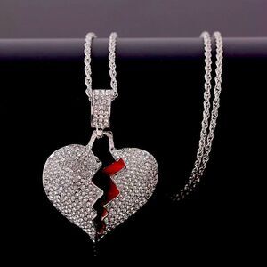 😊 Brand New  Iced Out Heart Broke Statement Pendant and Necklace Chain